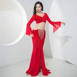 Stage Wear Belly Dance Costume Set Women Oriental Outfit Group Competition Diamonds Belt Flare Sleeves Fishtail Skirt With Panties