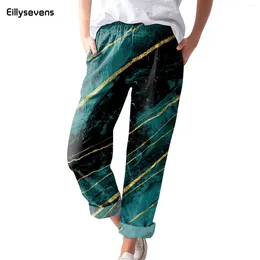 Women's Pants 2024 Cotton Linen Women Spring Summer Green Harem Printed Elastic Waist Trousers High Quality Ladies