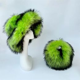 Fluffy oversized Y2K bucket hat large brim hat womens winter wool warm thick imitation raccoon dog hat bucket hat women 240417