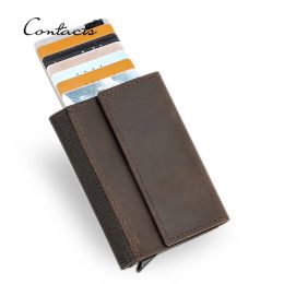 Holders CONTACT'S Crazy Horse Leather Card Holder Wallet Men Automatic Pop Up ID Card Case Small Coin Purse RFID Blocking Male Wallets