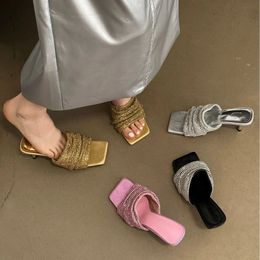 Slim Strap Diamond Square Head Slim Heel Middle Heel Slippers One Line Open Toe High Heels Wearing Cool Slippers for Women 240418