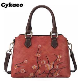 Bags Gykaeo European and American Style Small Genuine Leather Women Handbag Ladies Vintage Floral Cowhide Tote Bag Red Shoulder Bags