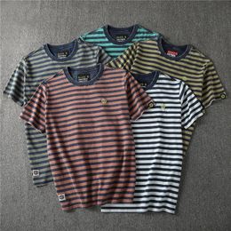 Summer American Retro Short Sleeve Oneck Striped Tshirt Mens Fashion Simple 100 Cotton Washed Old Casual Slim Youth Tops 240411