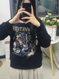 Women's Hoodies 2024 Early Autumn Sweatshirt Cannetille Letter Guitar Floral Embroidery Round Neck Fleece Women Hoodie