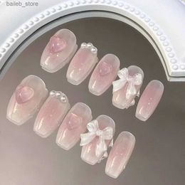 False Nails Lovely pink lovely princess detachable hand knitting nail art Y2K vitality girl short false nail powder blusher bow nail patch Y240419QBK5