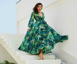 Long Sleeve Dress Green Tropical Beach Vintage Maxi Dresses Boho Casual V Neck Belt Lace Up Tunic Draped Plus Size Dress4049661