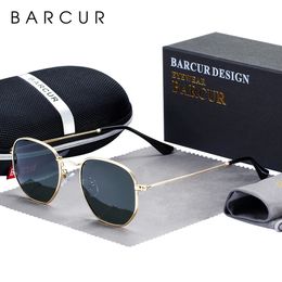 BARCUR Classic Retro Reflective Sunglasses Man Hexagon Sunglasses Metal Frame Eyewear Sun Glasses With Box Oculos De Sol gafas 240415