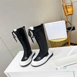 Luxury Designer Women Motorcycle Boots Comfortable Leather Elastic Lace-up Fashion Knee Height Booties Top Quality