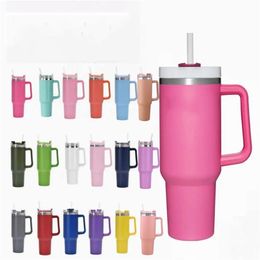 DHL 40oz Hot Pink Mugs Stainless Steel Tumblers Mugs Cups Handle Straws Big Capacity Beer Water Bottles Outdoor Camping with Clear/Frosted Lids 1027i