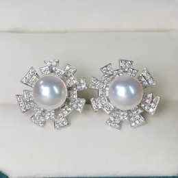 Stud Earrings Flower Pearl Diamond Earring Real 925 Sterling Silver Party Wedding Band For Women Bridal Promise Engagement Jewellery