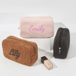 Cases Personalized Embroidered Teddy Makeup Bag Custom Name Fluffy Makeup Bag Travel Pouch Toiletry Bag Women Accessories for Women