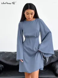 Casual Dresses Elegant Satin Thin A-Line Dress Women Flare Sleeve Solid Classic O-Neck Mini Office Ladies Spring Summer