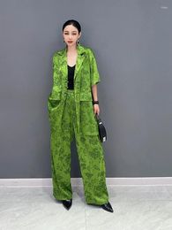 Women's Two Piece Pants Women In The Summer Of 2024 Satin Button Long Short-sleeved Shirt Jacket Leisure Wide-legged 2 Suit Easy Commute