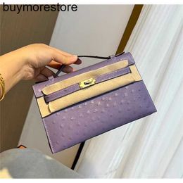 Designer Handbag 7a Handmade Ostrich Skin Mini First Generation 22CM Genuine Leather Handheld Bag with Gold Buckle Fully Handsewn Lavender Purple