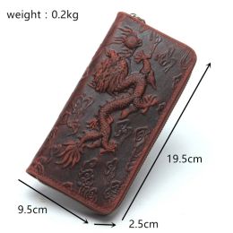 Wallets New Handmade Chinese Dragon Genuine Leather Wallet Women Men Vintage Cowhide Wallets Card Holder Purse Coin/Cellphone Pocket Bag