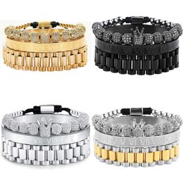 Men's 3pcs Gold Set, Imperial Crown King Pave CZ Bangle Cuff Bracelet for Birthday Jewelry