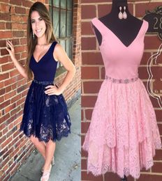 Navy Blue Lace Homecoming Dresses V Neck Off Shoulder Short Prom Dresses Black Mini Party Dresses Zipper Up4836604