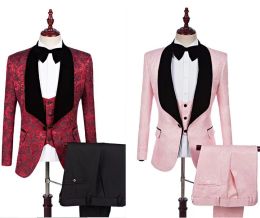 Tuxedos Burgundy Printed Wedding Tuxedos Shawl Lapel Wine One Button Groom Men Suits Wedding Prom Dinner BestMan Blazer(Jacket+Bow+Vest+Pa