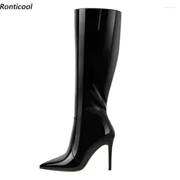 Boots Ronticool Handmade Women Winter Knee High Side Zipper Stiletto Heels Pointed Toe Black Dress Shoes Ladies Plus US Size 5-15