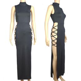 Way Black Vest Dress Sexy Split Lace Up For Women