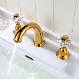 Bathroom Sink Faucets Luxury Gold Solid Brass Crystal Faucet European Style Art Double Handle Three Holes Basin Mixer Golden