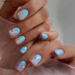 False Nails Ins Light Blue Fake Nail Tips Sea Mew Pattern False Nails Short Korean Girl Lady Press on nail Wearable Artificial Nails 24pcs Y240419 Y240419