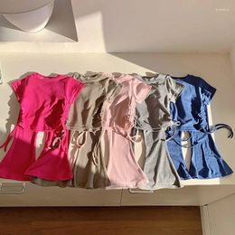 Clothing Sets Girls' Summer Two-piece Baby Short-sleeved Drawstring Korean Version Soft Waxy Bell-bottom Pants Set
