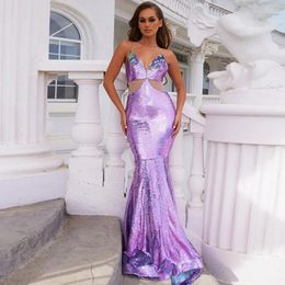 Party Dresses Glitter Lilac Sequined Mermaid Prom Dress V Neck Backless Sweep Train Long Formal Women Evening Gown Sexy Girls