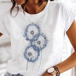 여자 티셔츠 여성 민들레 티셔츠 패션 의류 만화 의류 수채화 90 년대 짧은 SLVE 봄 여름 여성 T 그래픽 Tshirt Y240420