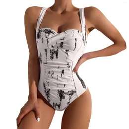 Women's Swimwear Pleated Printed Push Up Cover And Slimming Double Shoulder Swimsuit Sexy Bikini Bottoms