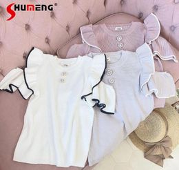Women's Sweaters Cute Summer Clothing 2024 Pullover Sweater Sweet Ladies Solid Colour Flying Sleeve Ruffled Off-the-Shoulder Knit Tops