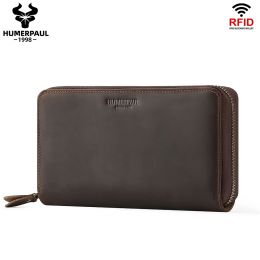 Wallets HUMERPAUL Long Wallet for Men Crazy Horse Leather Mobile Phone Purse RFID Protect Card Holder Multifunctional Handle Clutch Bag