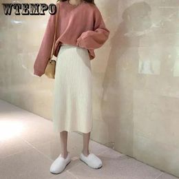 Skirts WTEMPO Fashion Mid-length Solid Knitted Women Fall Winter Chic Elastic High Waist Warm Woollen A-line Straight