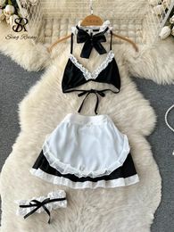 SINGREINY Erotic Strapless Women Underwear Sets Bow Lace Up Sensual Role Play Set Fashion Maid Uniform Sexy Lingerie Skirt Suits 240419