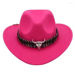 Berets Fashion Cow Head Decorate Western Cowboy Hat For Children Faux Wool Vintage Gentleman Jazz Hats Men Panama Cowgirl