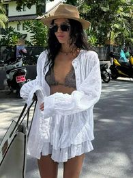Women White Casual Long Sleeved Shirt Shorts 2 Piece Set Stand Collar Single Breasted Suits Summer Vacation Casual Beach Outfit 240409