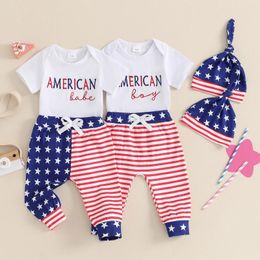 Clothing Sets 4th Of July Baby Boys Outfits Letter Embroidered Rompers Stripe Stars Print Long Pants Hat 3Pcs Infant Girls Clothes Set