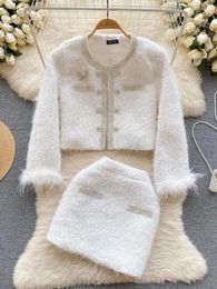 Work Dresses Autumn Winter White Vintage Party 2 Piece Set Women Pink Elegant Round Neck Cardigan Coat Zipper Mini Short Skirt Suit Fashion