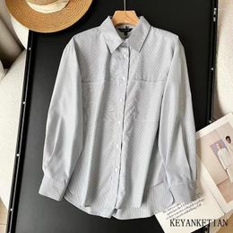 Women's Blouses KEYANKETIAN 2024 Launch Women Pocket Decoration Pinstripe Poplin Shirt Spring Single Breasted Long Sleeve Loose Top