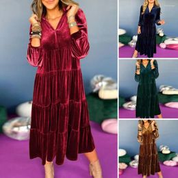 Casual Dresses Soft Midi Dress Velvet Patchwork A-line With Long Sleeve V Neck For Women Warm Solid Colour Mid-calf Length