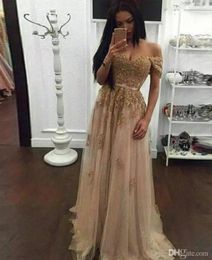 Champagne Lace Beaded Arabic Evening Dresses Sweetheart Aline Tulle Off the Shoulder Prom Dresses Vintage Cheap Formal Party Gown3251275