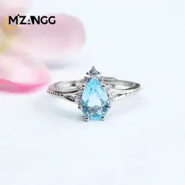 Cluster Rings S925 Silver Set Natural Blue Topaz Stone Drop Ring Crystal Energy Healing Luxury Fashion Jewellery Gift For Women