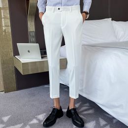 White small suit pants summer mens cropped pants British business mens small feet Korean casual suit pants mens small white pants 240420