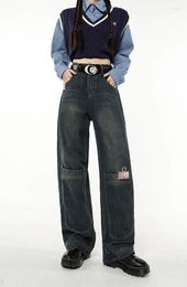 Women's Jeans Vintage High Waist Big Pockets Streetwear Style Blue Straight Pants Korean Wide Leg Baggy Y2K Denim Trouser