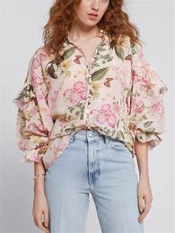Women's Blouses Women Floral Print Ruffles Trim Blouse 2024 Spring/Summer Ladies Single-breasted Lantern Sleeve Loose Shirt And Tops 2