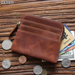 Purses SIMLINE Genuine Leather Coin Purse For Men Vintage Handmade Short Small Slim Zipper Wallet Card Holder Case Money Bag Wallets