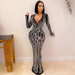 Casual Dresses Black Apricot Mesh See-through Long Sleeve V-neck Rhinestones Bodycon Maxi Women 2024 Birthday Sexy Night Club Party Dress