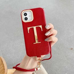 Cell Phone Cases Premium Luxury Leather Gold Letter Custom Initial Lanyard Phone Case For iPhone 11 12 13 14 15 Pro Max Protective Phone Cover J240418