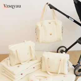 Bags 2023 New Zipper Bear Embroidered Cottondyed Mummy Bag Newborn Baby Girl Stroller High Capacity Hanging Bags Diaper Bag Handbag