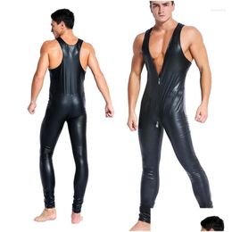 Men'S G-Strings Mens G Strings Y Men Pu Faux Leather Bodysuit Male Latex Catsuit Zipper Open Crotch Pvc Jumpsuit Erotic Body Wear Pol Dhweu